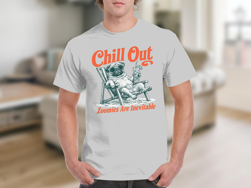 T-shirt graphic of a pug in sunglasses relaxing in a beach chair.