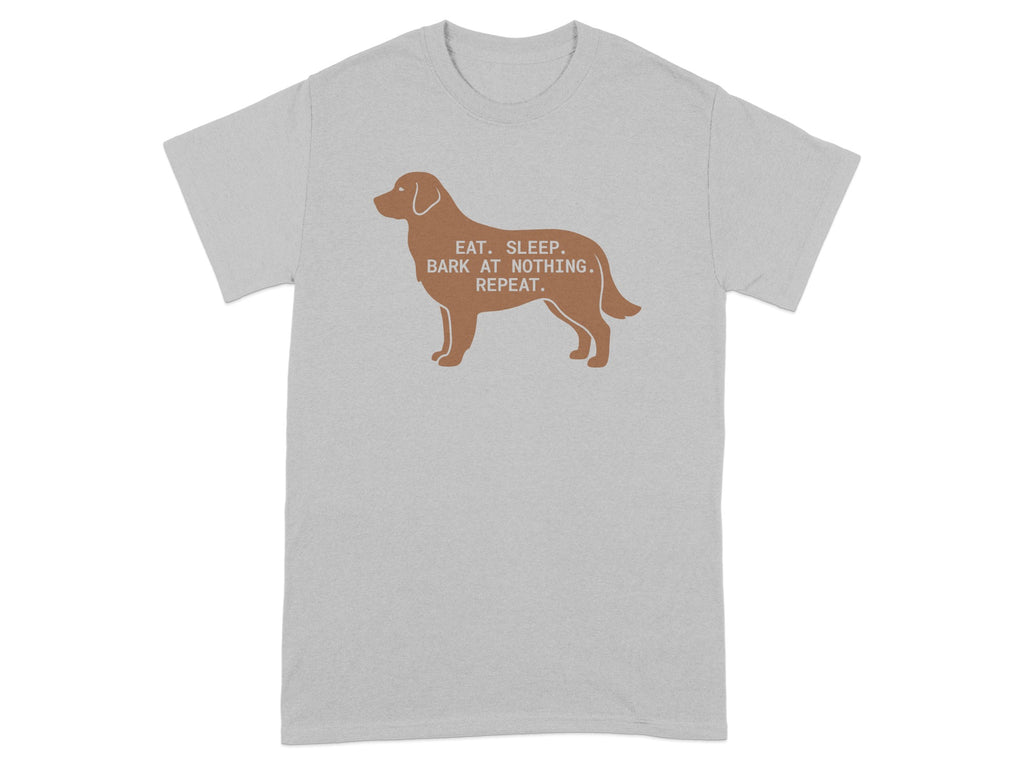 Brown dog graphic with text "Eat. Sleep. Bark at Nothing. Repeat." on a grey t-shirt.