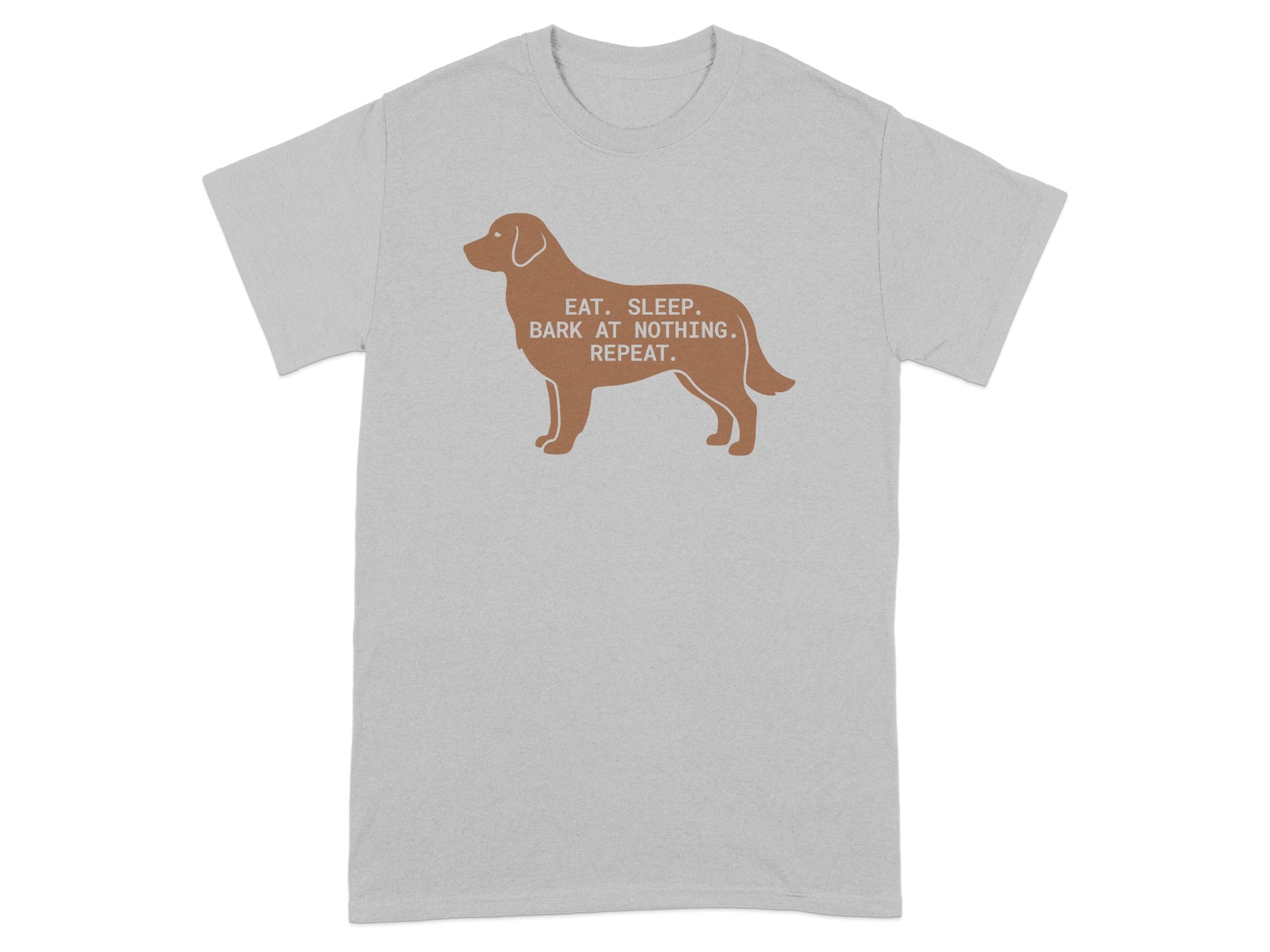 Brown dog graphic with text "Eat. Sleep. Bark at Nothing. Repeat." on a grey t-shirt.