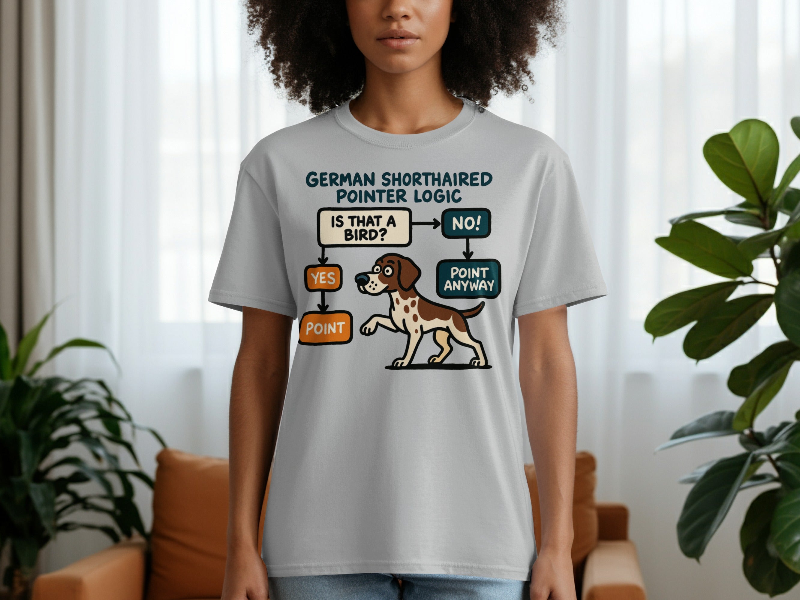 Grey t-shirt with German Shorthaired Pointer logic flowchart and cartoon dog.