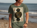 T-shirt features Queen of Hearts playing card with a black dog wearing a crown.