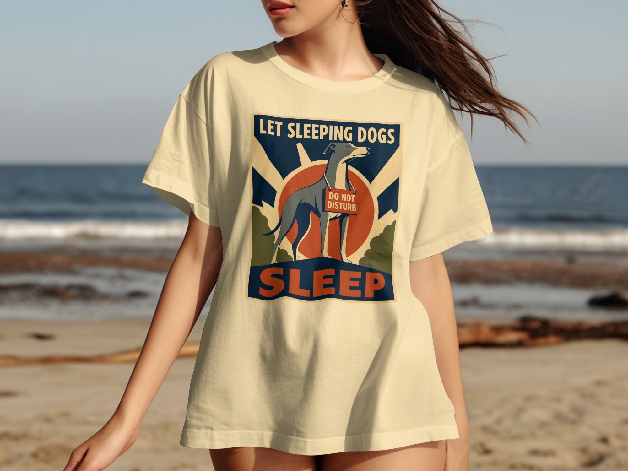 Cream t-shirt with "Let Sleeping Dogs Sleep. Do Not Disturb" and dog graphic.