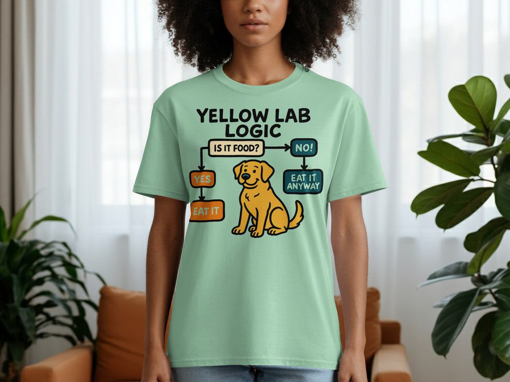T-shirt with Yellow Lab Logic flowchart: is it food? yes, eat it. no, eat it anyway.