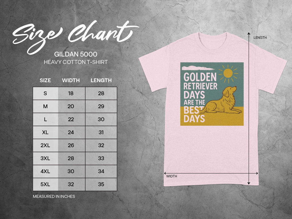 Gildan 5000 Heavy Cotton T-Shirt size chart with measurements in inches.
