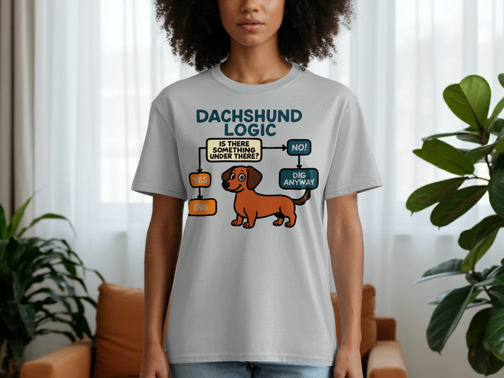 Grey t-shirt with "Dachshund Logic" flowchart featuring a dachshund illustration.
