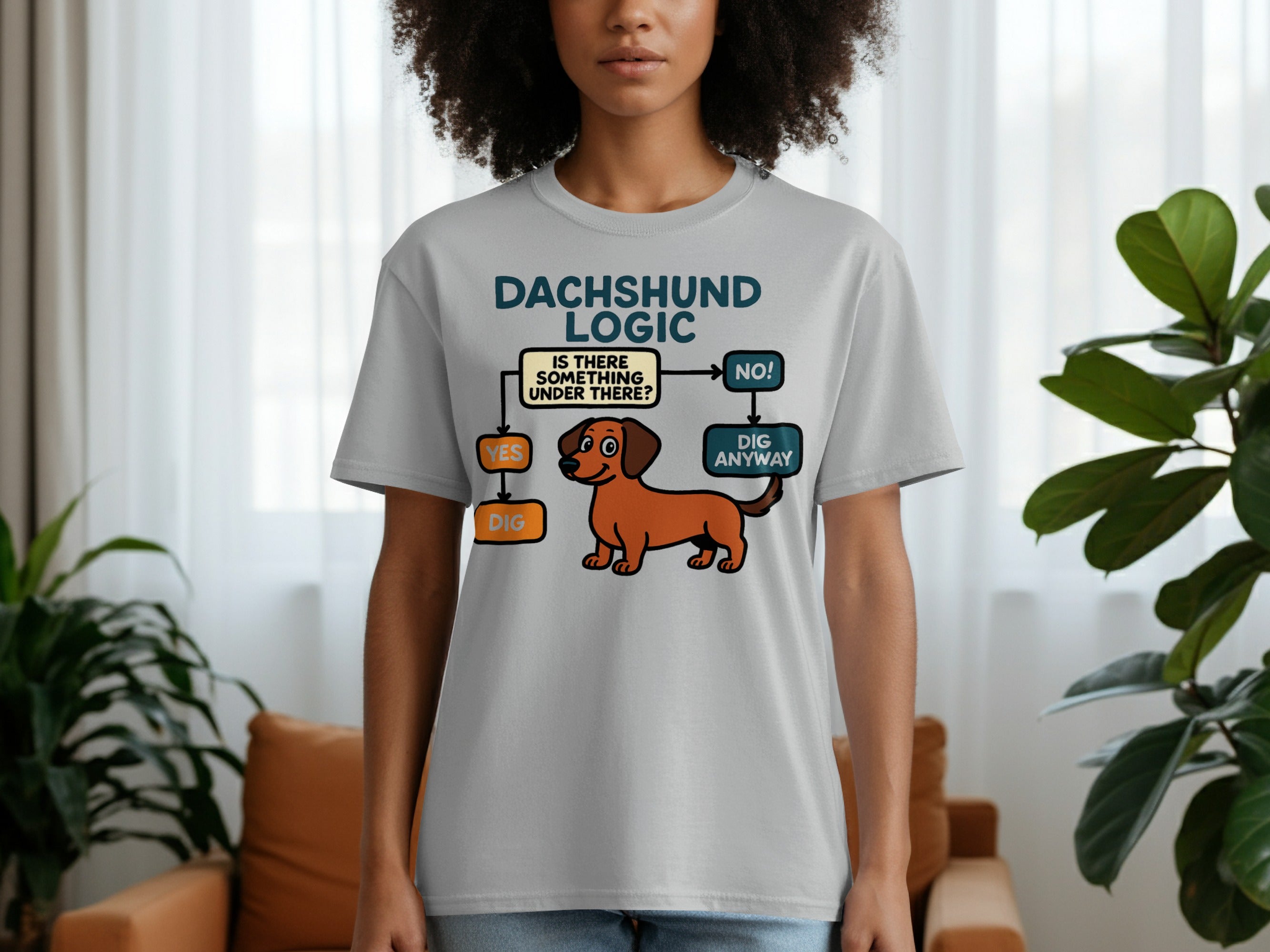 Grey t-shirt with "Dachshund Logic" flowchart featuring a dachshund illustration.