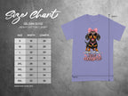 Gildan 5000 t-shirt size chart with dachshund graphic and text "I'm a delight."