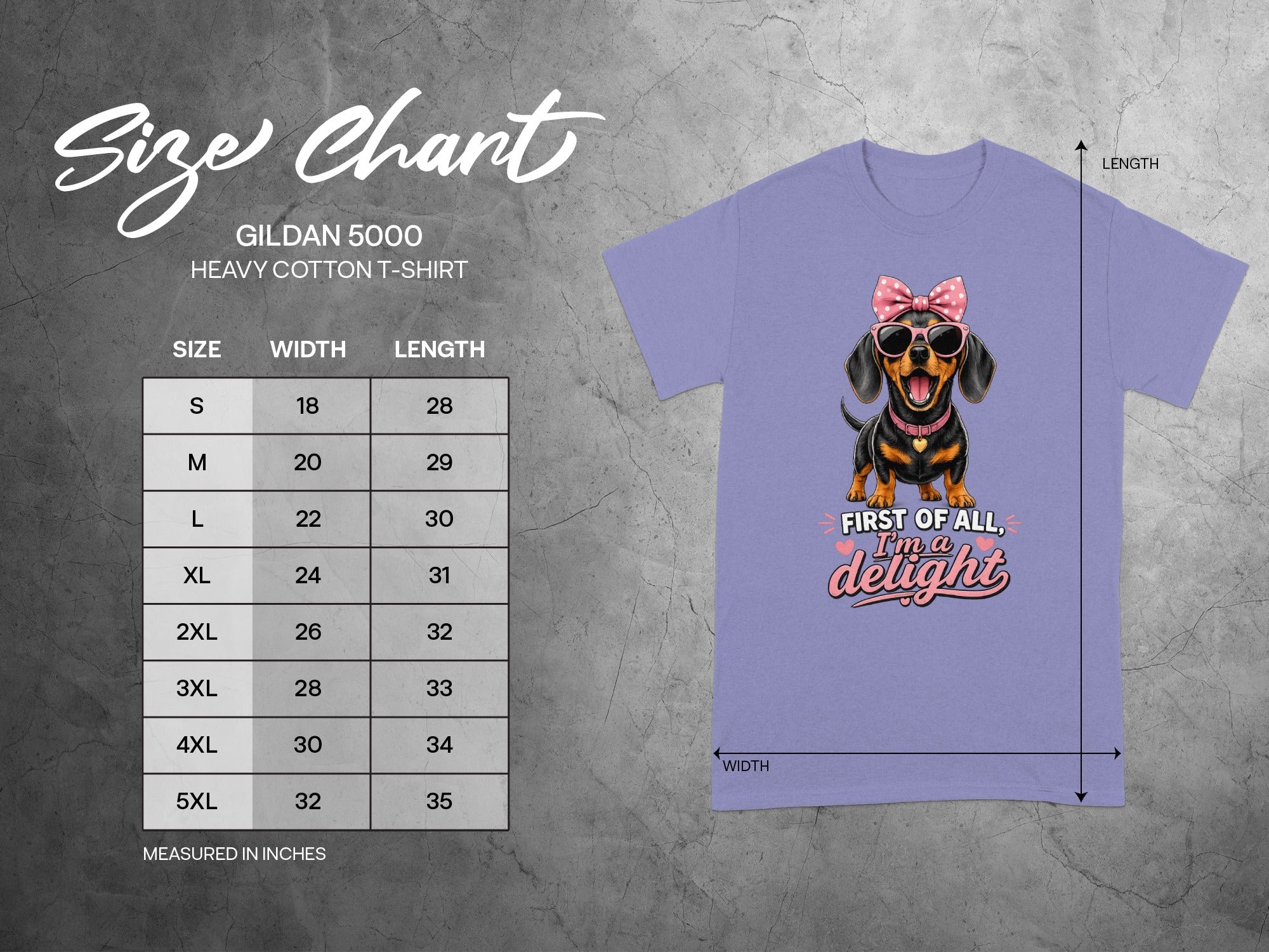 Gildan 5000 t-shirt size chart with dachshund graphic and text "I'm a delight."