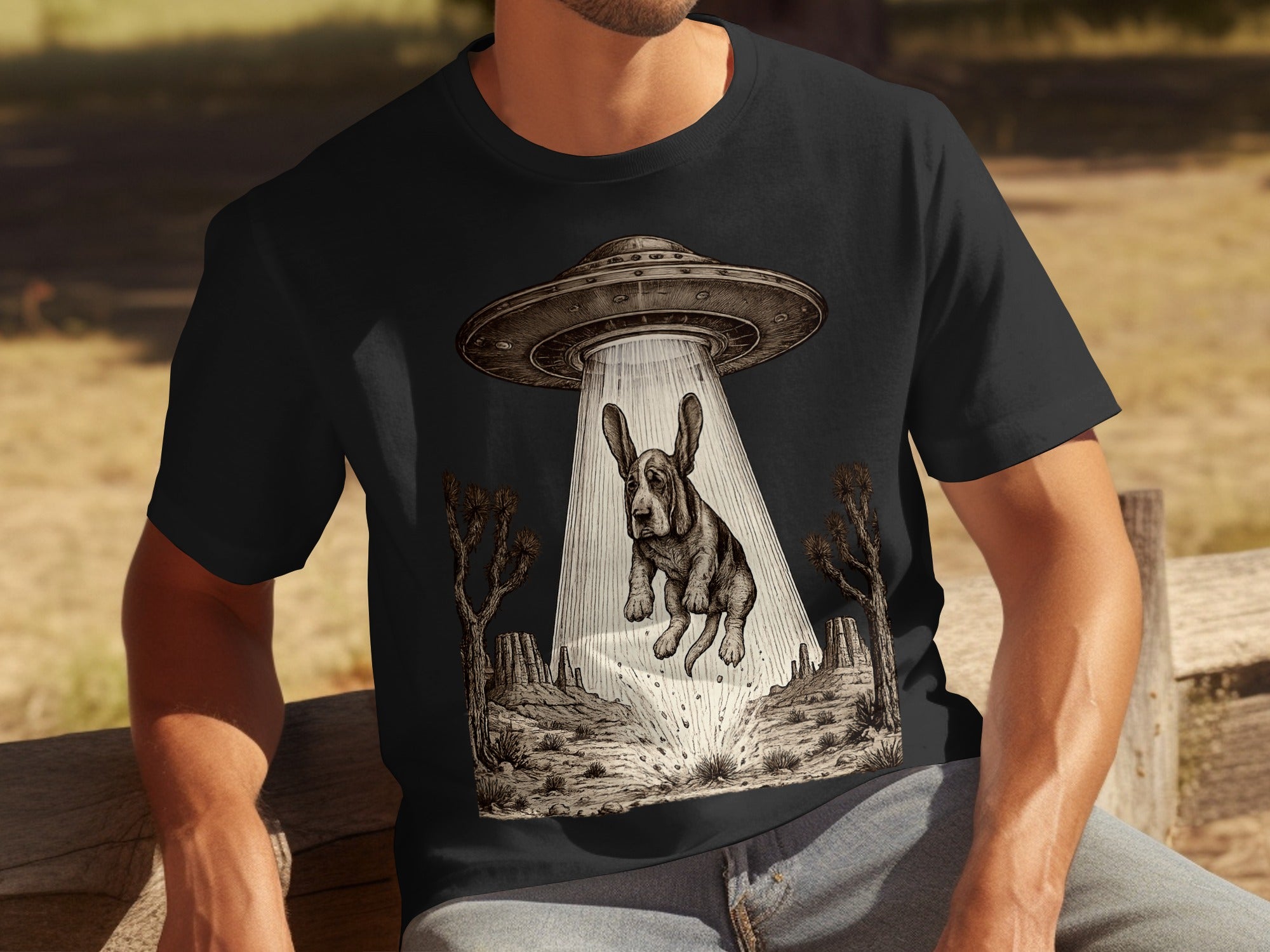 Dog being abducted by a UFO in a desert landscape.
