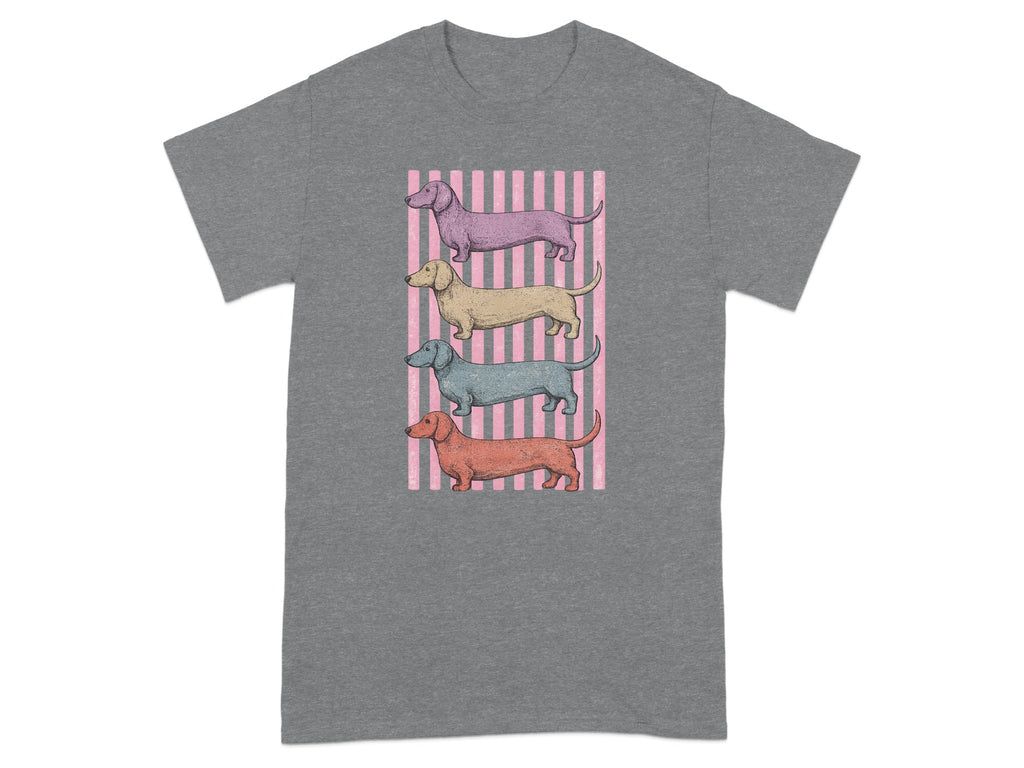 Four dachshunds in different colors stacked over pink stripes.