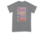 Four dachshunds in different colors stacked over pink stripes.