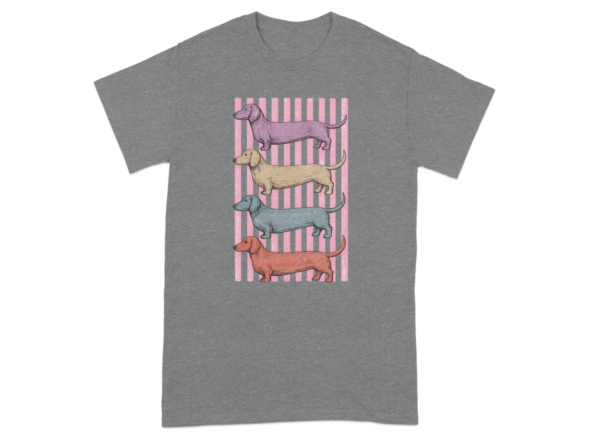 Four dachshunds in different colors stacked over pink stripes.