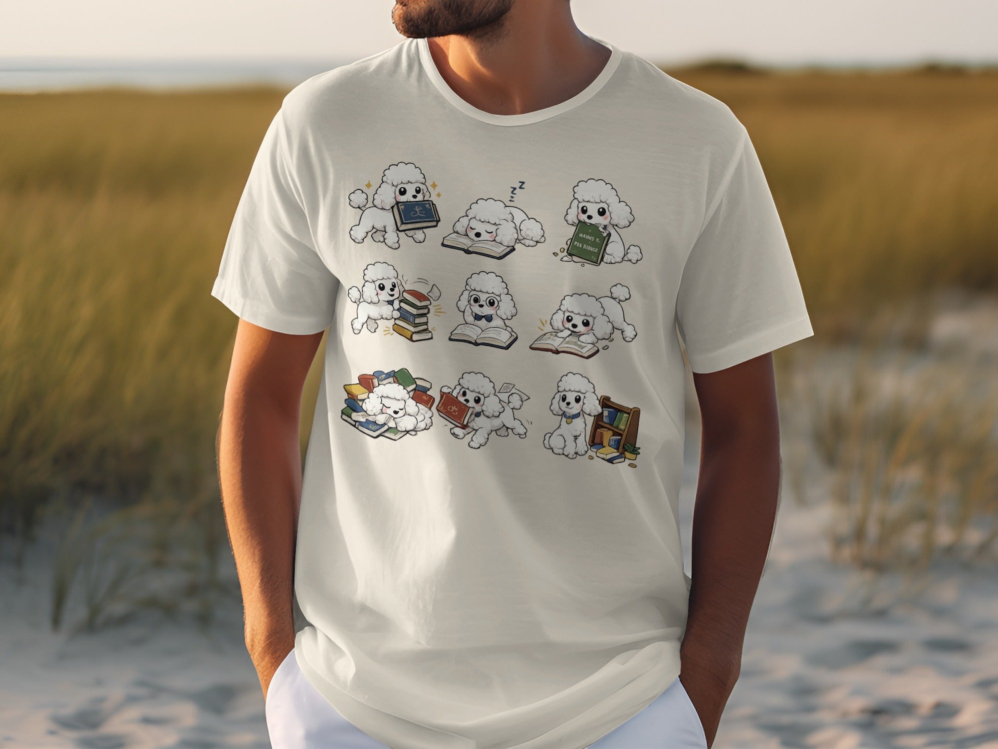 White t-shirt with a print of multiple white poodles interacting with books.