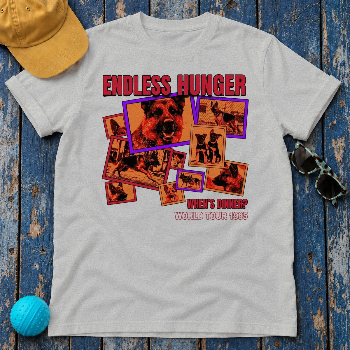 Endless Hunger Whens Dinner? German Shepherd World Tour 1995 Graphic T-Shirt in Sport Grey