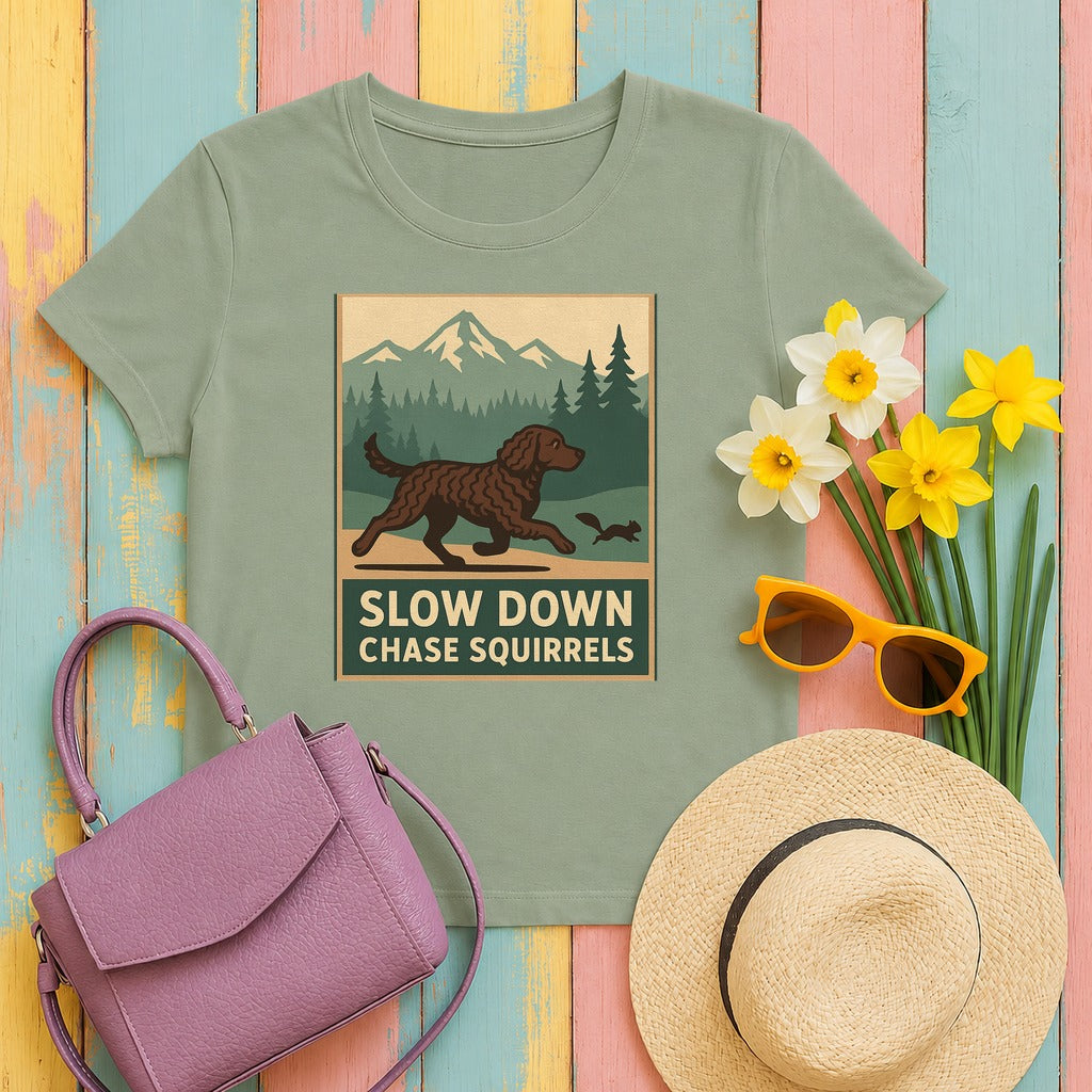 American Water Spaniel Slow Down Chase Squirrels Tee in Sage