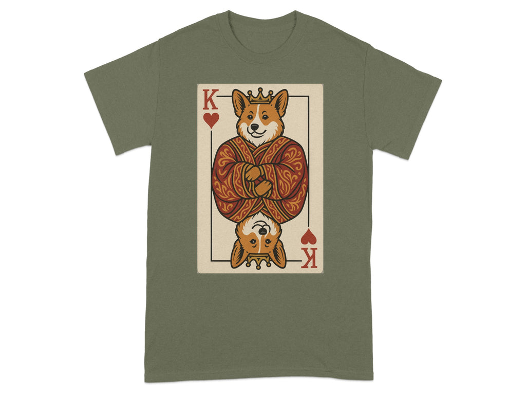 Playing card design featuring a crowned corgi in a robe, with a reversed corgi at the bottom.