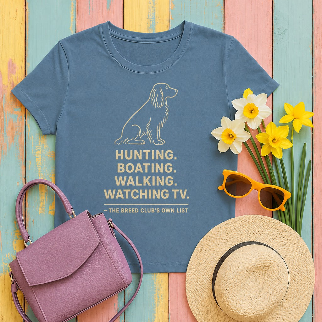 Field Spaniel Hunting Boating Walking Watching TV Tee in Steel Blue