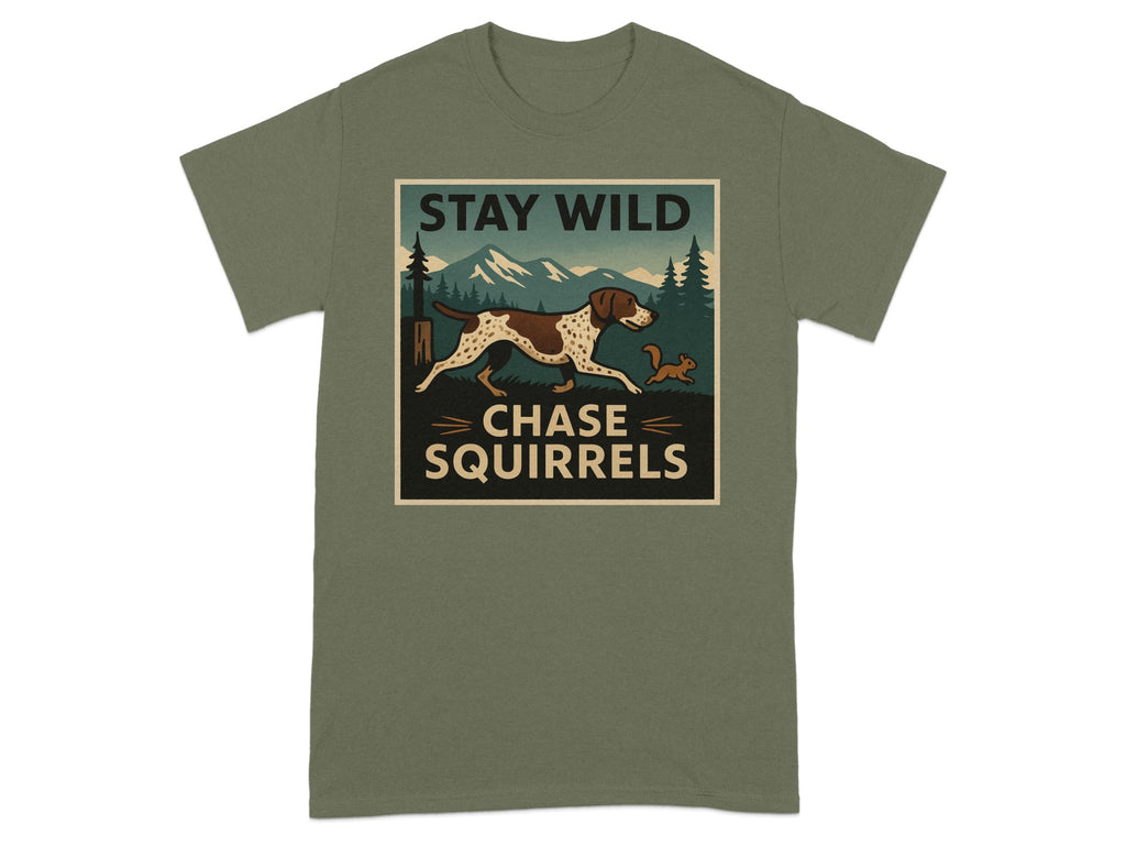 Green t-shirt with "Stay Wild Chase Squirrels" graphic featuring a dog and squirrel.
