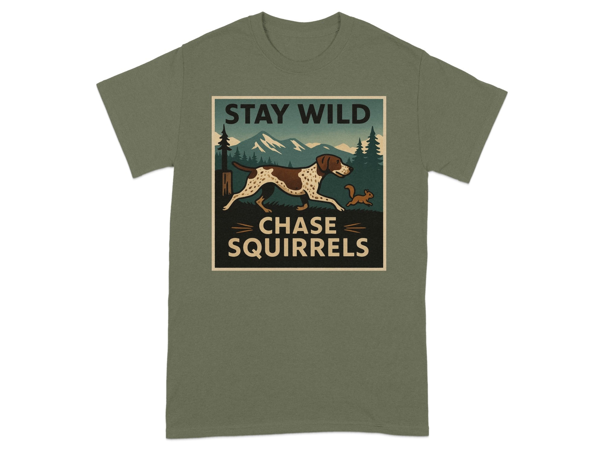 Green t-shirt with "Stay Wild Chase Squirrels" graphic featuring a dog and squirrel.