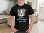Black t-shirt with Australian Shepherd face and text "Alert. Acrobatic. Aussie."