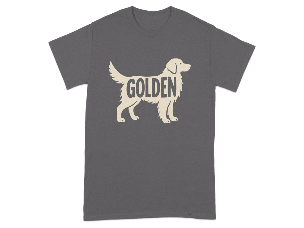 Grey t-shirt with beige Golden Retriever silhouette and text.