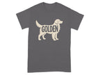 Grey t-shirt with beige Golden Retriever silhouette and text.