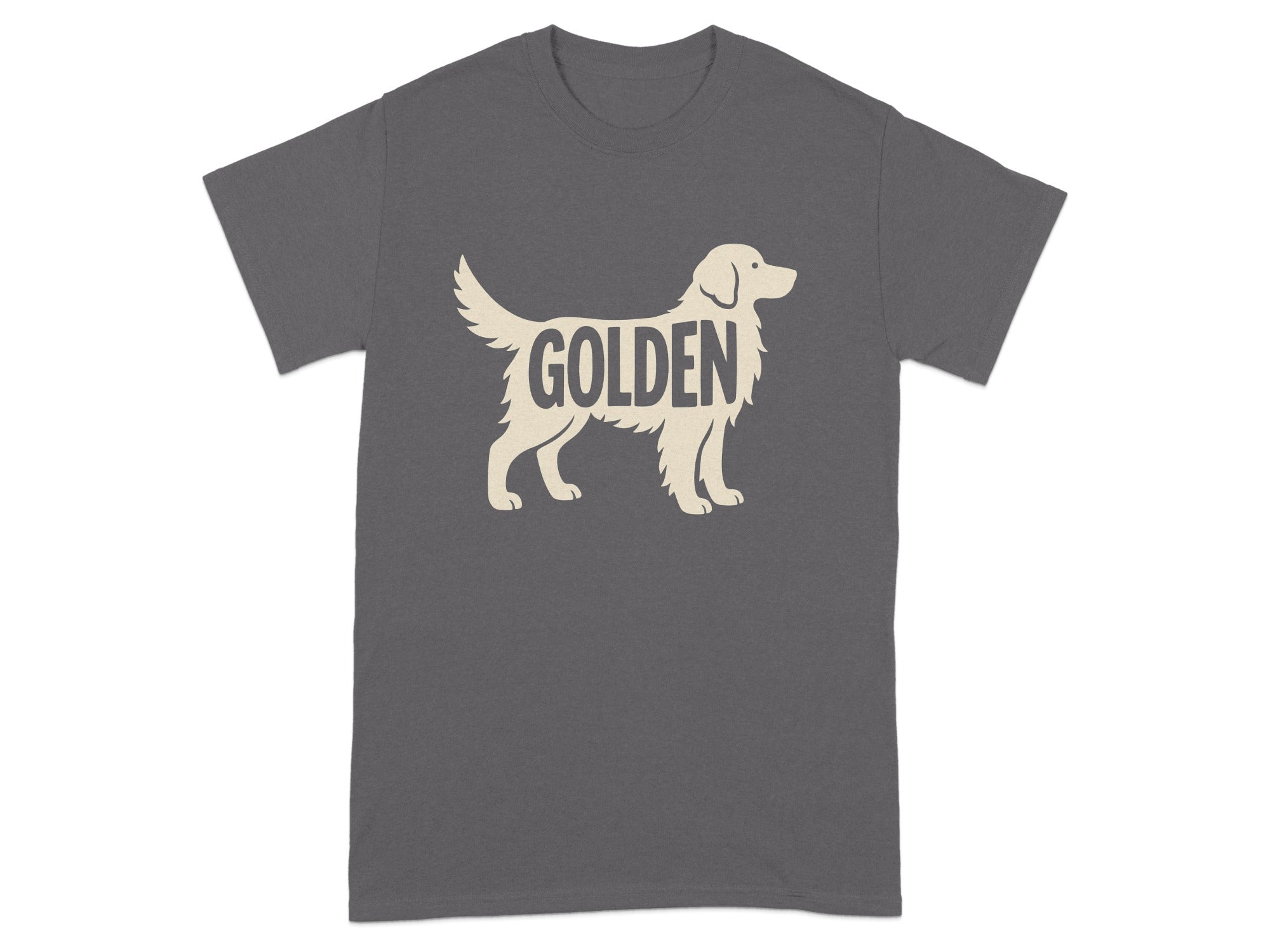 Grey t-shirt with beige Golden Retriever silhouette and text.