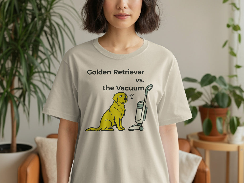 Golden Retriever versus vacuum cleaner graphic on a t-shirt.