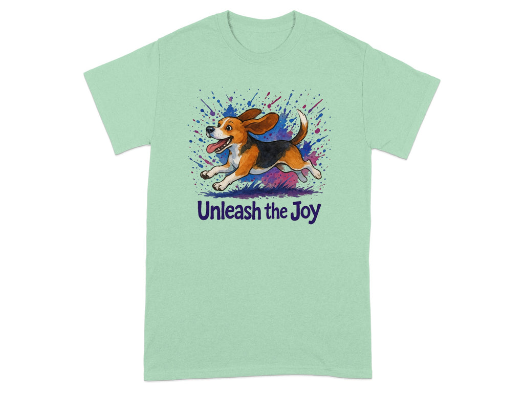 Mint t-shirt with beagle dog running and text "Unleash the Joy".