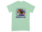 Mint t-shirt with beagle dog running and text "Unleash the Joy".