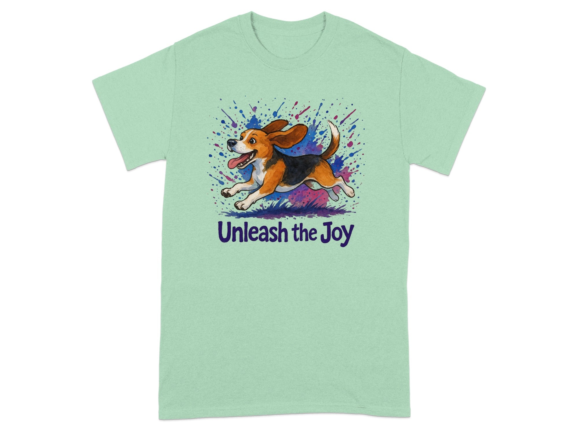 Mint t-shirt with beagle dog running and text "Unleash the Joy".