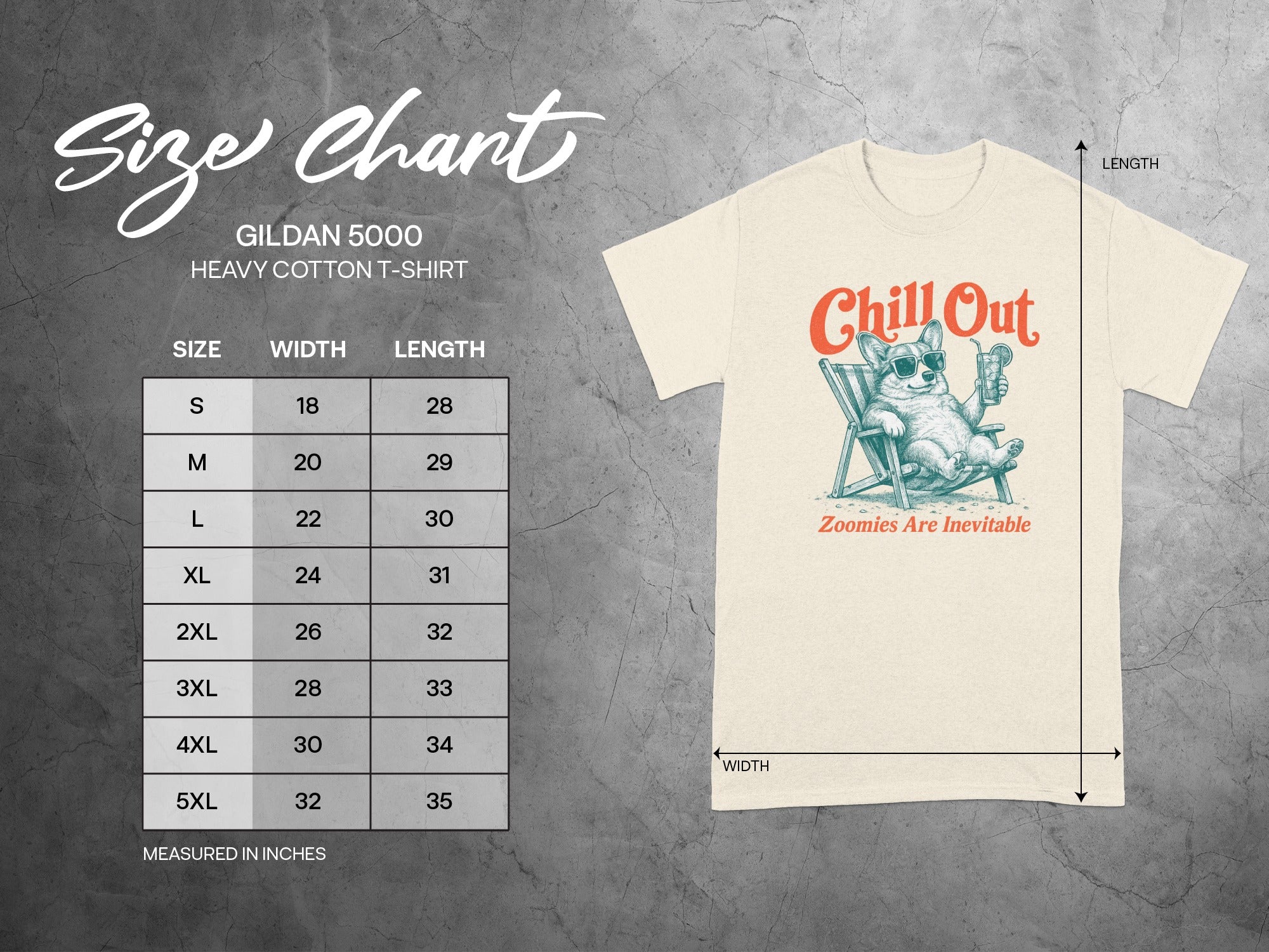 Size chart and t-shirt with "Chill Out" graphic and text "Zoomies Are Inevitable".