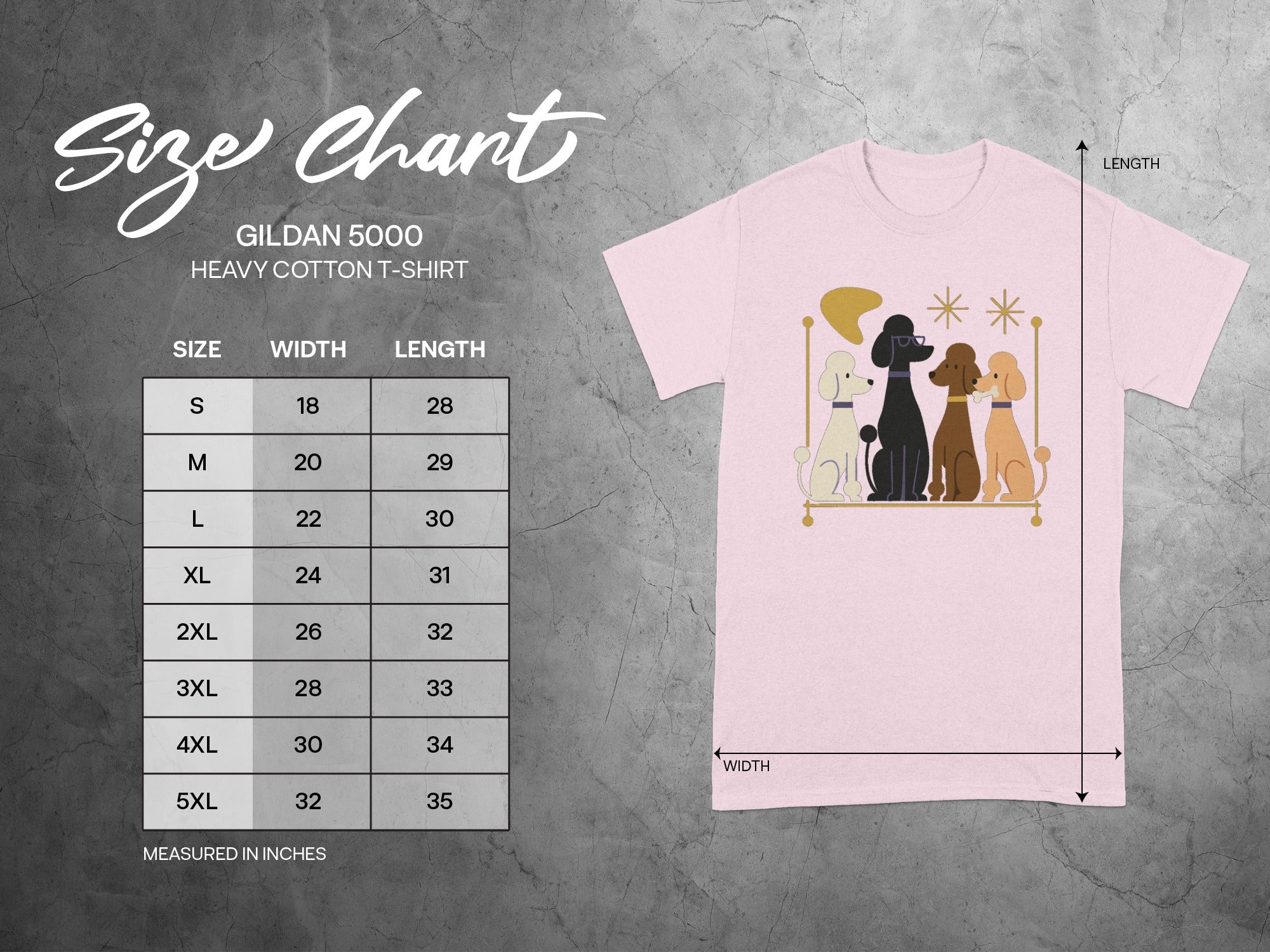 Gildan 5000 Heavy Cotton T-Shirt size chart with measurements in inches.