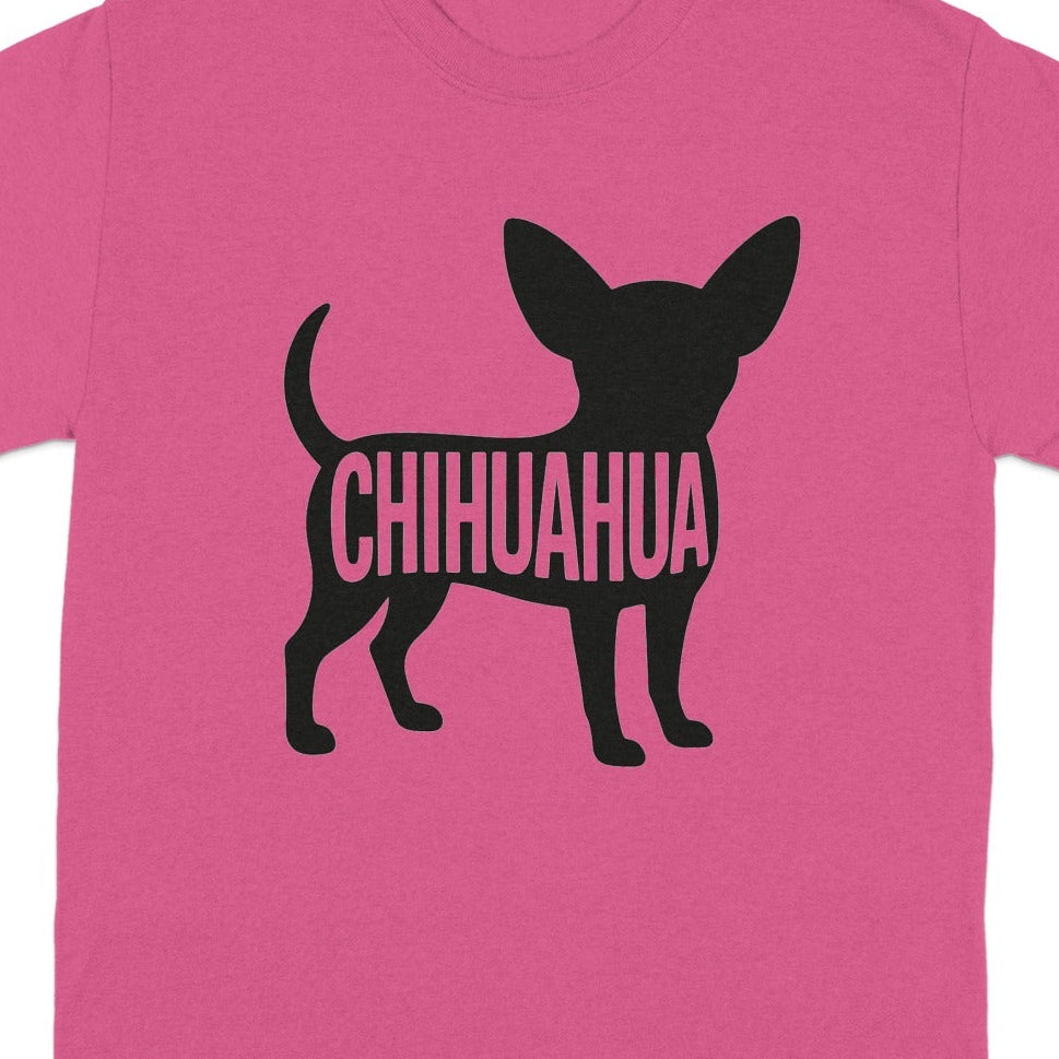 Pink t-shirt with black silhouette of a chihuahua dog and the word Chihuahua.