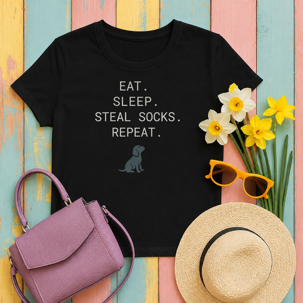 Steal Socks Repeat Lab Puppy T-Shirt in Black
