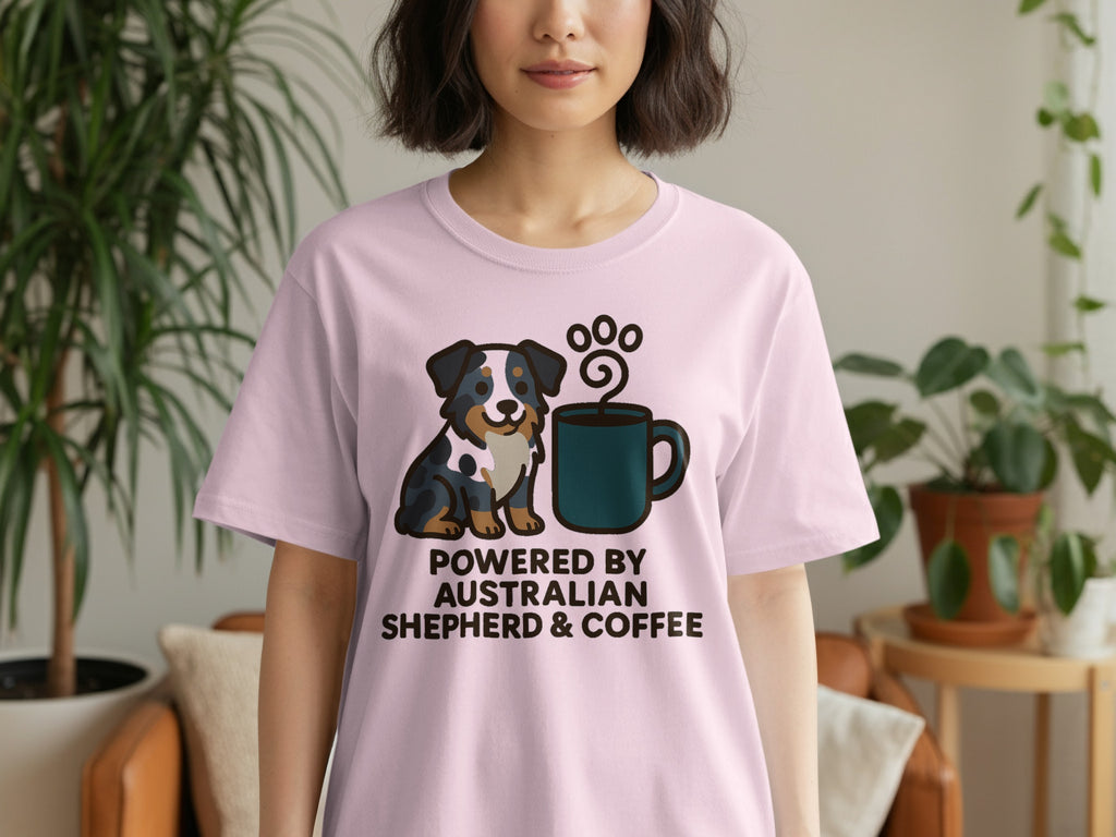 Pink t-shirt with Australian Shepherd and coffee graphic and text.