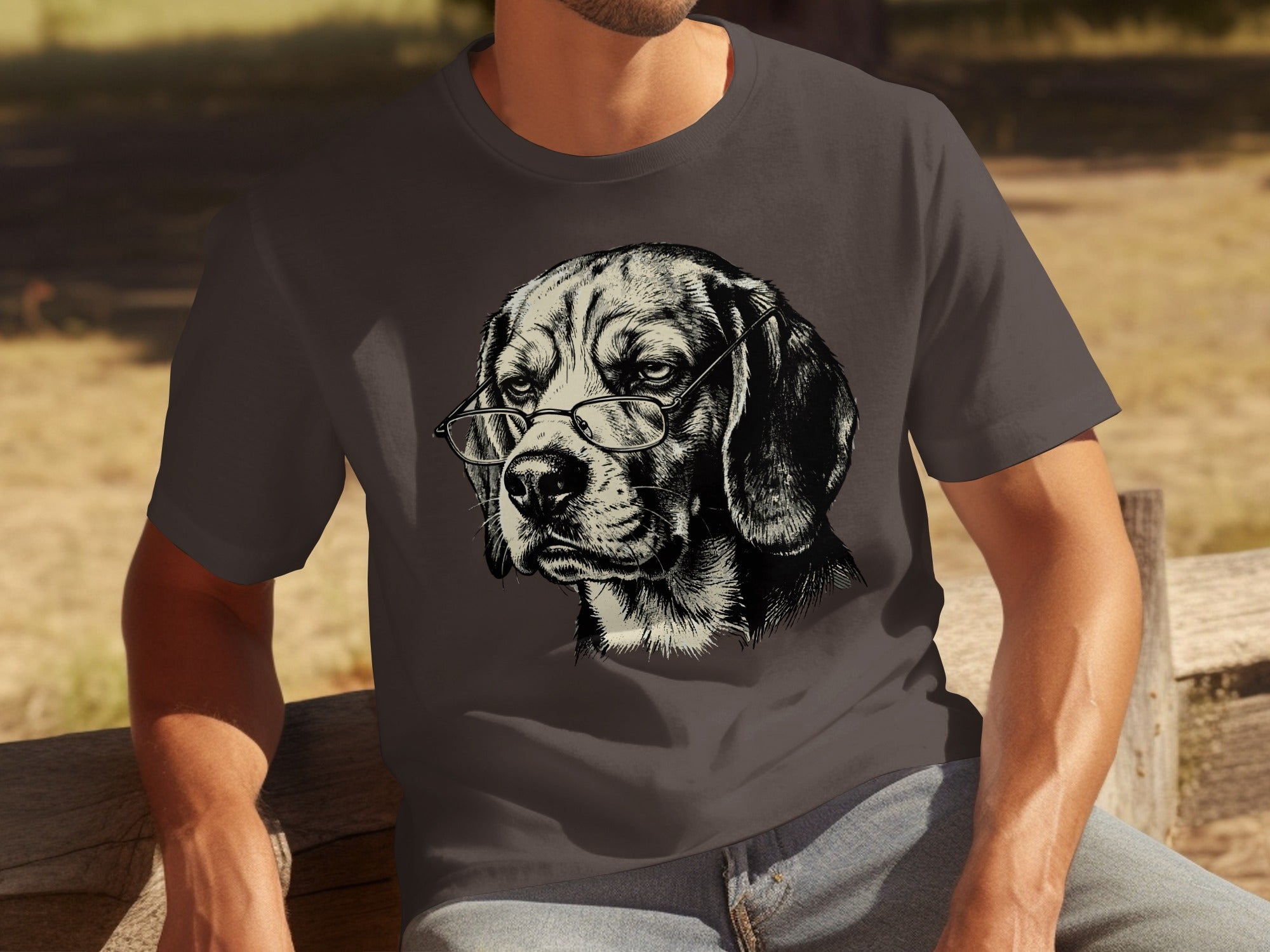 T-shirt with a black and white illustration of a Beagle wearing glasses.