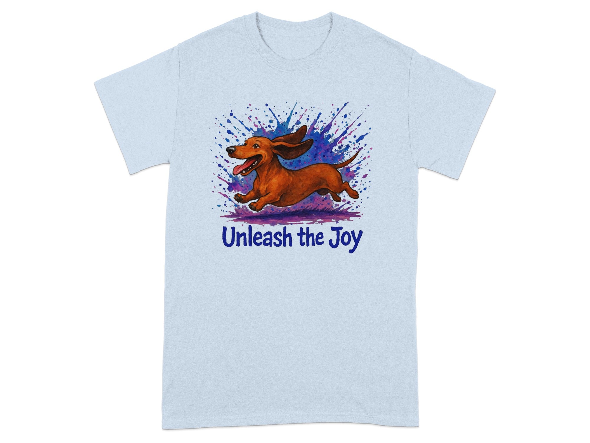 Light blue t-shirt with a happy dachshund running and "Unleash the Joy" text.