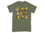 T-shirt with cartoon golden retrievers gardening in nine panels.