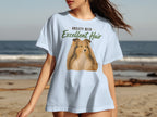 Light blue t-shirt with "Anxiety with Excellent Hair" and a dog graphic.
