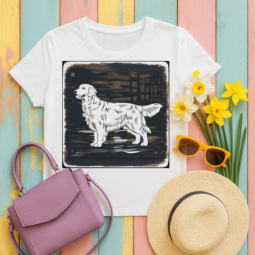 mig2 golden-retriever-woodcut-style tee flat lay hero v8