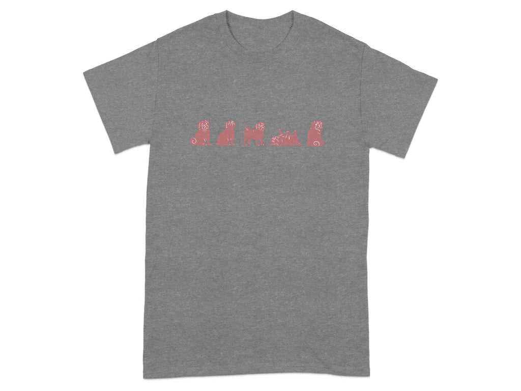 Grey t-shirt with a repetitive pattern of five stylized pugs in coral.