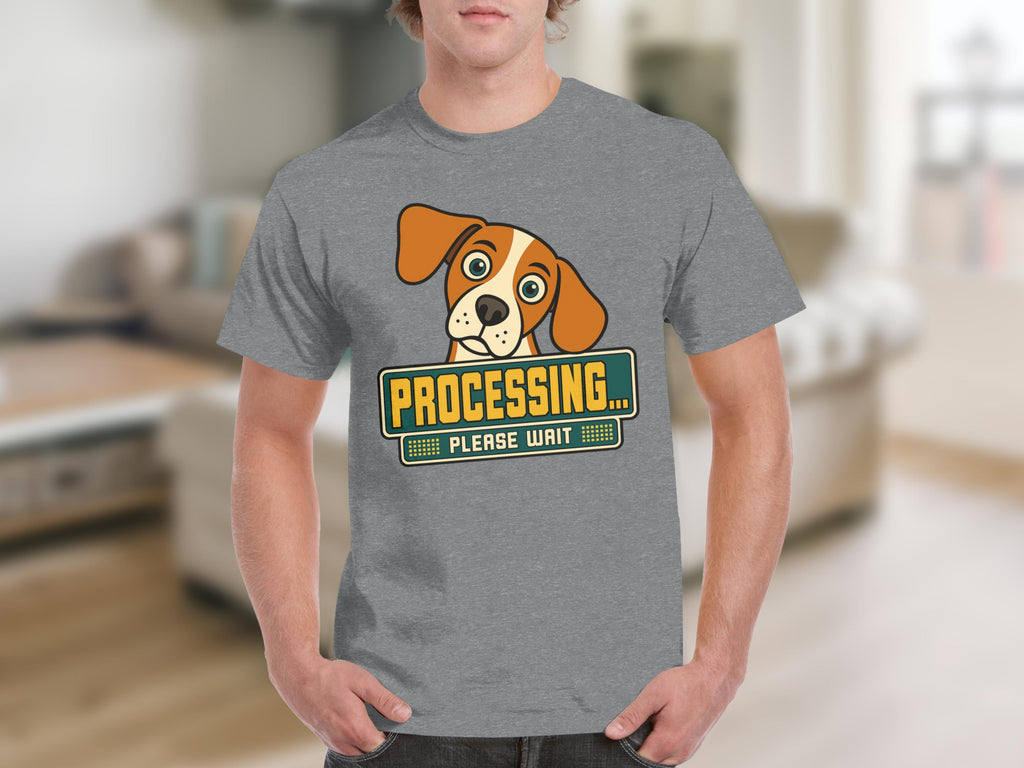 Grey t-shirt with cartoon dog graphic and "PROCESSING... PLEASE WAIT" text.