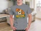 Grey t-shirt with cartoon dog graphic and "PROCESSING... PLEASE WAIT" text.