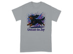 Grey t-shirt with a running dog graphic and the text "Unleash the Joy".