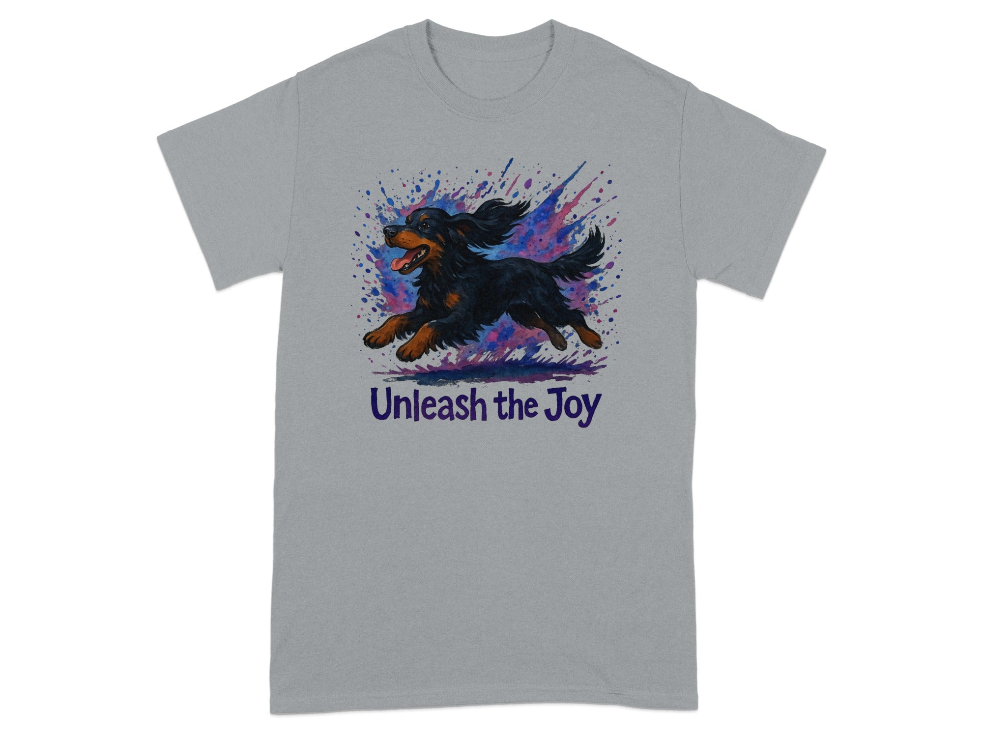 Grey t-shirt with a running dog graphic and the text "Unleash the Joy".