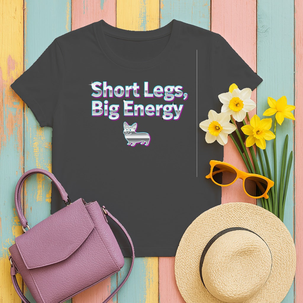 Short Legs Big Energy with a Corgi Image T-Shirt in Dark Heather