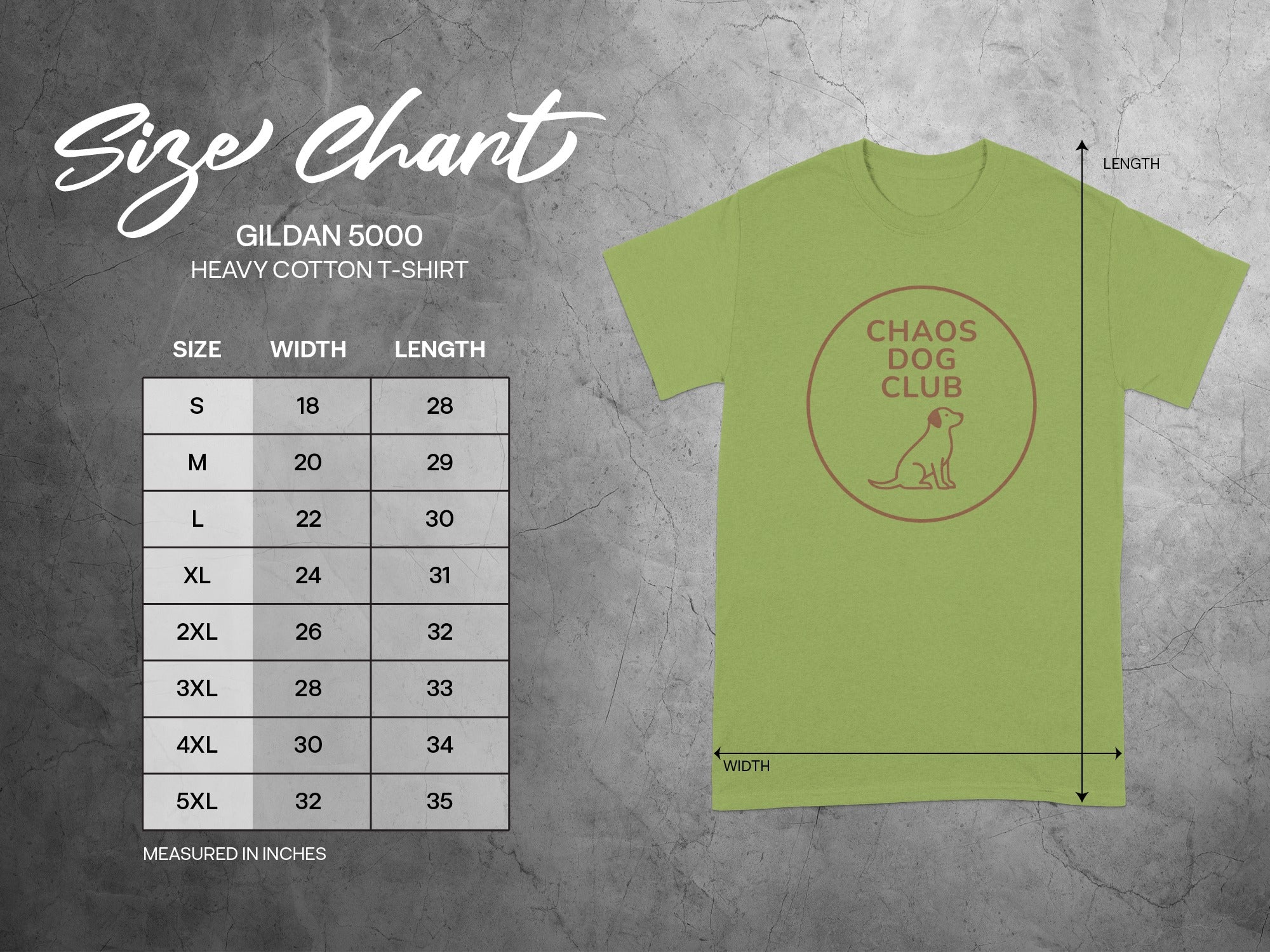 Gildan 5000 heavy cotton t-shirt size chart with Chaos Dog Club logo.