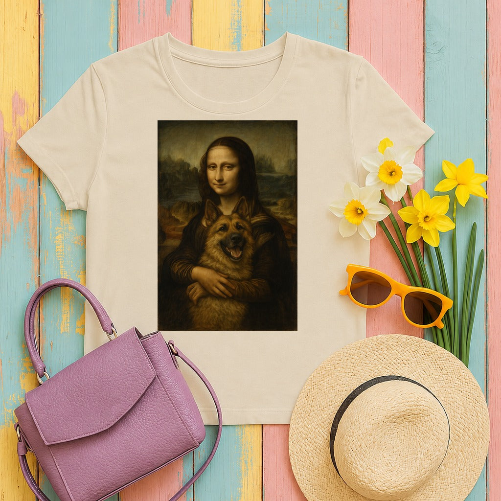 Mona Lisa German Shepherd Dog Friendship Artwork T-Shirt in Sand