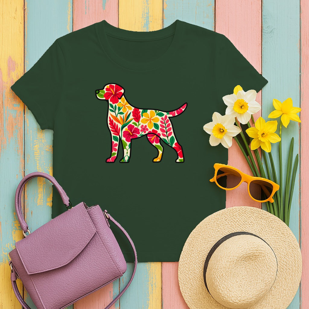 Floral Labrador with Hawaiian Flowers T-Shirt in Forest Green